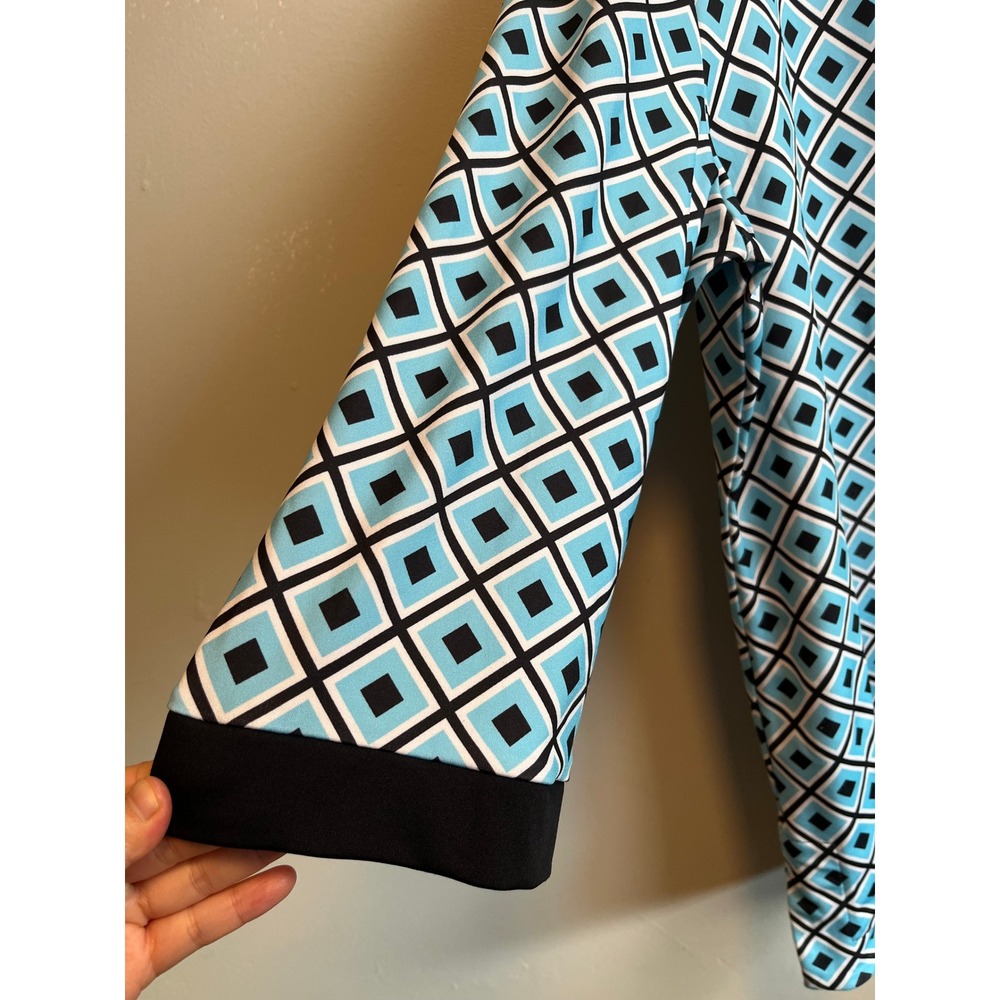 Anne Klein Blue Black Geometric Diamond‎ Print Split Neck Tunic Top 3/4 Sleeve M - Picture 3 of 8